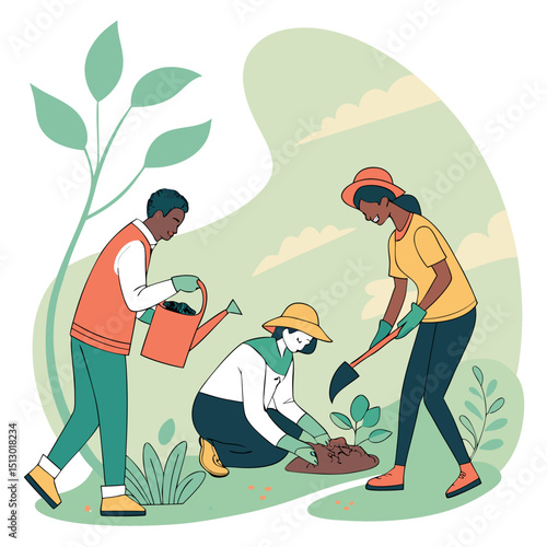 Community Garden Vector Illustration with Unique Shapes Showing Growth and Collaboration  