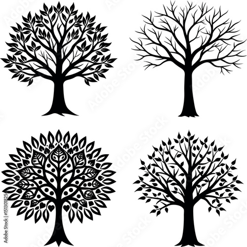 Collection of Four Different Black Tree Silhouettes