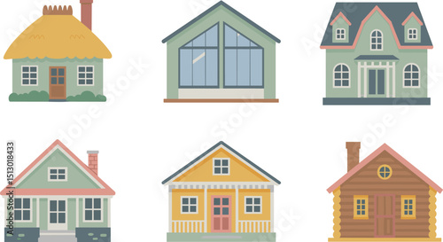 Set of six colorful modern and traditional house illustrations, homes, architecture, cottages, cabins, residential buildings, real estate designs