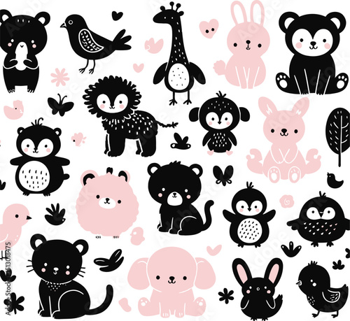 Cute seamless cartoon animal pattern with funny baby animal faces vector icons