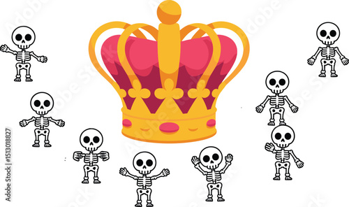 Majestic Gold Crown with Playful Skeletons – Halloween-Themed Fantasy Illustration, Ornate Royal Symbol, Spooky Character Art, Dark Regal Concept, Skeleton Dance Digital Artwork, AI Generated