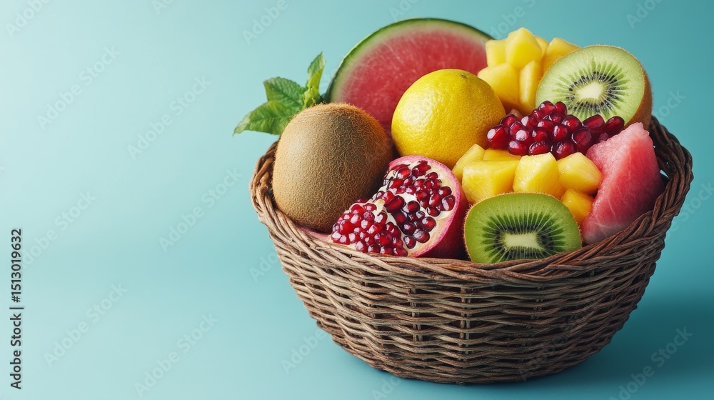 Vibrant fruit medley in a rustic woven basket against a clean, inviting backdrop presents a delicious and healthy visual treat Vibrant fruit medley in a rustic woven basket against a clean, inviting backdrop presents a delicious and healthy visual treat