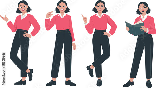 Confident young woman in pink sweater and black pants posing in various expressive gestures including explaining, pointing, showing love sign, and reading a book happily