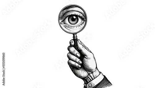 Hand Holding Magnifying Glass with Eye Sketch Illustration