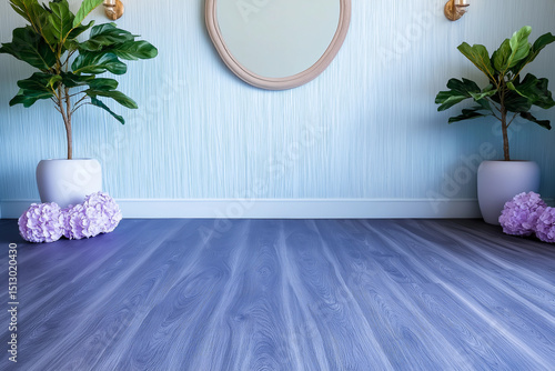 Elegant room showcasing potted plants, purple hydrangeas, and a stylish mirror, with a blue wall.