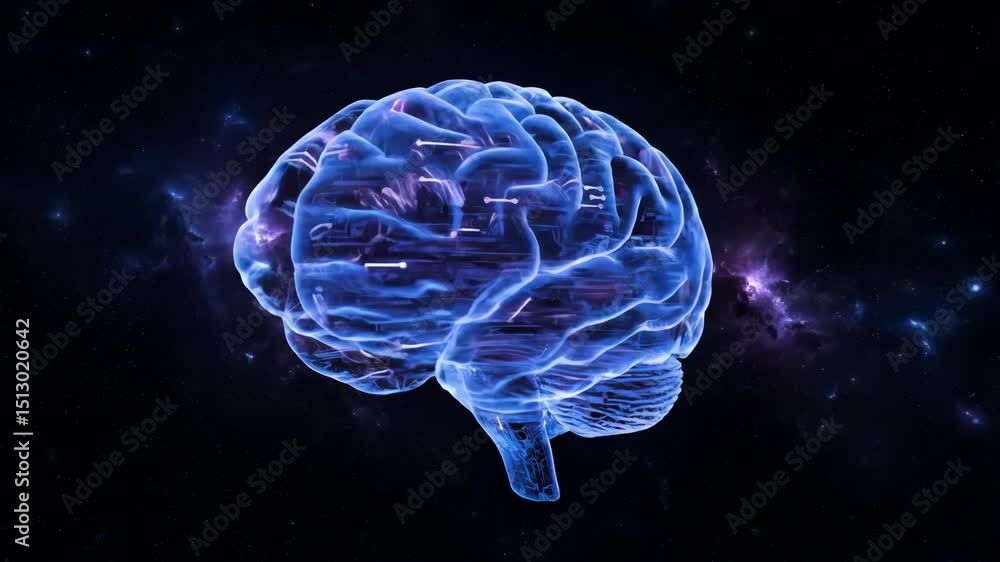 A translucent, circuit-like brain floats in a cosmic void, pulsing with data-light as it slowly rotates amid faint nebula clouds. A translucent, circuit-like brain floats in a cosmic void, pulsing with data-light as it slowly rotates amid faint nebula clouds.