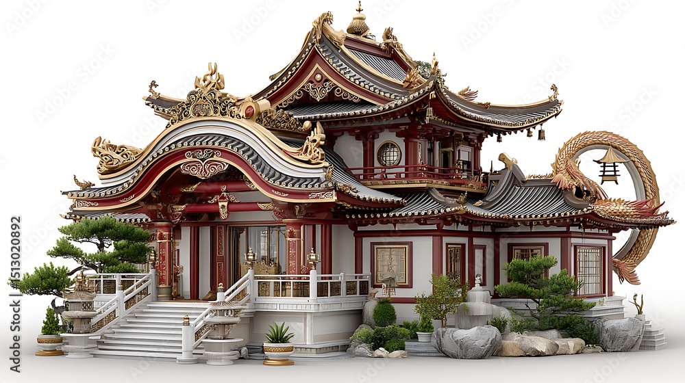 Obraz premium Elegant asian courtyard featuring stone stairs and red columns high resolution picture