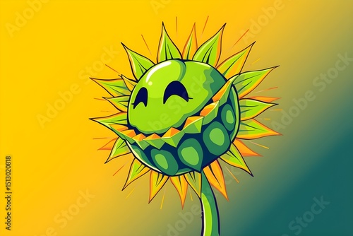 Cartoonish sunflower with smiling face and closed eyes, featuring vibrant green petals and yellow-orange accents, set against a yellow-to-green gradient background