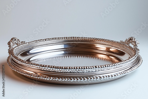 A beautiful, polished silver tray with intricate details, perfect for serving dishes.