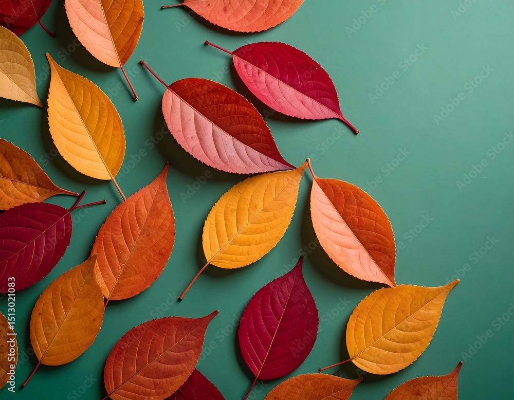 Obraz premium Autumn leaves on teal background (1)