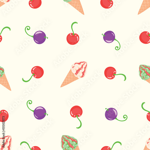 Ice cream with berry flavor will give you coolness and unique taste in the summer heate, dessert, confectioner, sugar, vector, illustration, isolated, background, art, food, jam, waffle cone, cherry, 