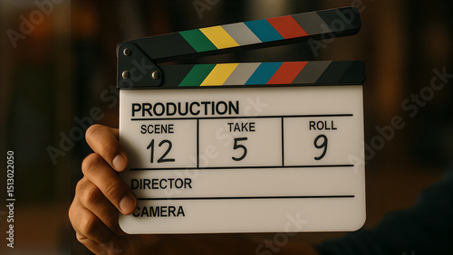 Film Production Clapperboard Scene 12, Take 5, Roll 9 - Behind the Scenes of Moviemaking
