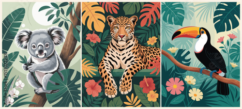 Set of Jungle retro posters with different exotic animals. Trendy vintage style wall art, card, print template in vivid bright colors. Vector flat illustrations