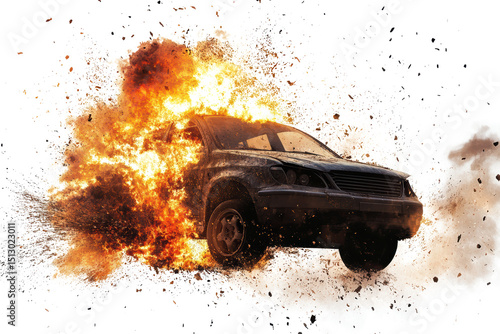 Fiery Car Crash Explosion Dramatic Scene Intense Burning Vehicle Action Movie Still