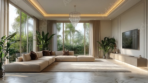 Modern, beige living room interior design.