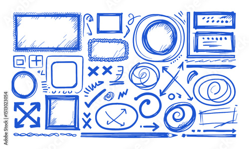 A modern vector-style collection of hand-drawn sketch elements. nclude a variety of square and rectangle frames with different border styles , dashed, curly, bold, wavy, easily scalable and editable.
