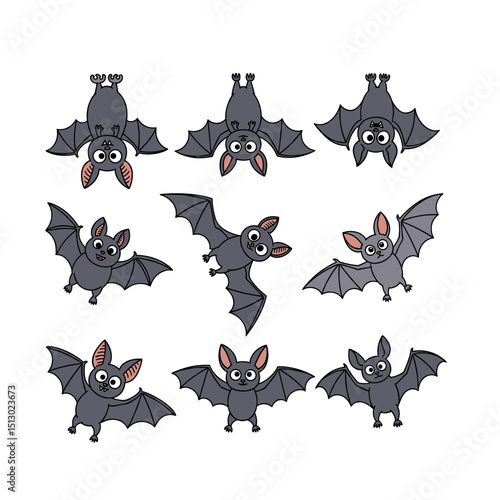 Nine Cute Cartoon Bats in Various Poses on White Background