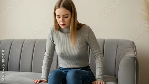 Woman Feeling Dizzy While Sitting on Couch, She's about to faint.