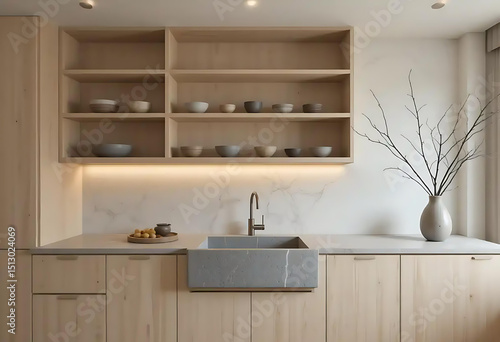Modern Minimalist Kitchen with Light Plywood Cabinetry, Open Shelving, and Concrete Sink
