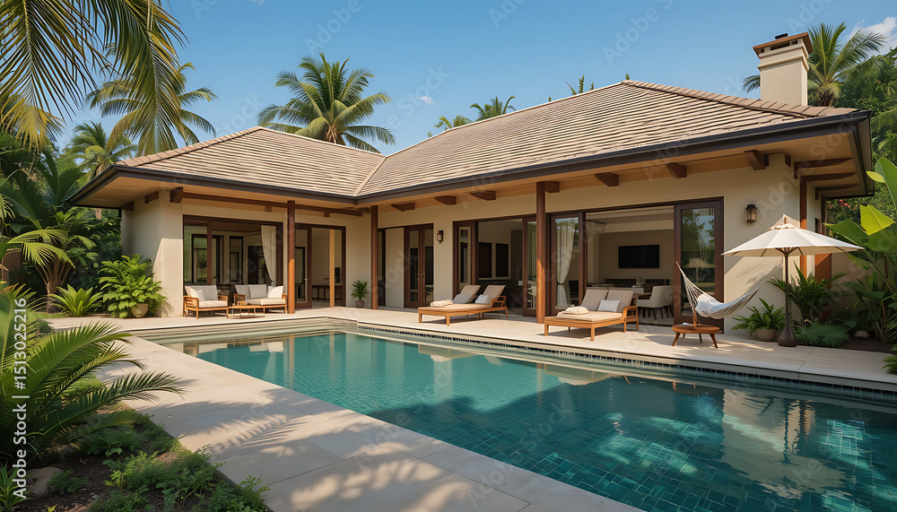 Fototapeta premium A contemporary beige villa with offset rooflines, a wide patio with rope hammock, rustic furniture, and a polished stone pool area, surrounded by tropical plants.