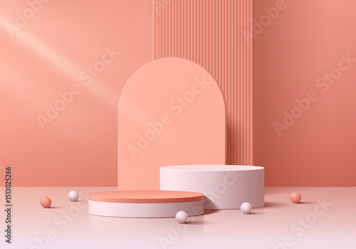 3D coral red cylindrical podium background with ball, Arch backdrop wall scene. Minimalist 3D mockup pedestal. Abstract stand product display presentation, Stage for showcase. Vector platform design.