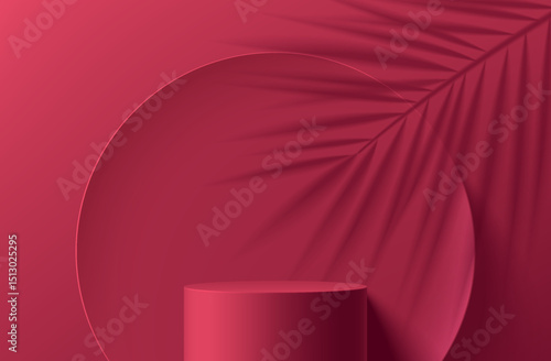 3D red cylindrical podium background with round backdrop and green leaf. Minimalist mockup pedestal, Abstract cosmetic product display presentation, Stage showcase. Platforms vector geometric design.
