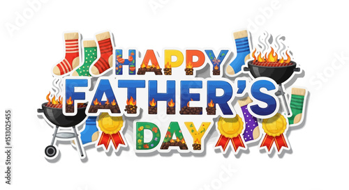Happy fathers day greeting with colorful text socks and barbecue grill elements