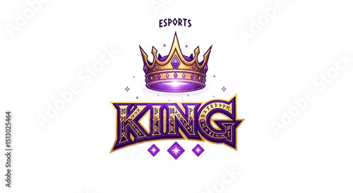 esports king logo design with royal crown and decorative elements in purple and gold colors