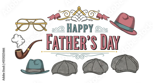 Vintage styled Happy Fathers Day greeting with hats smoking pipe and glasses decorative design
