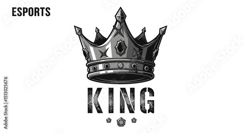 Black and white esports graphic design featuring a detailed king crown above bold text king on white background