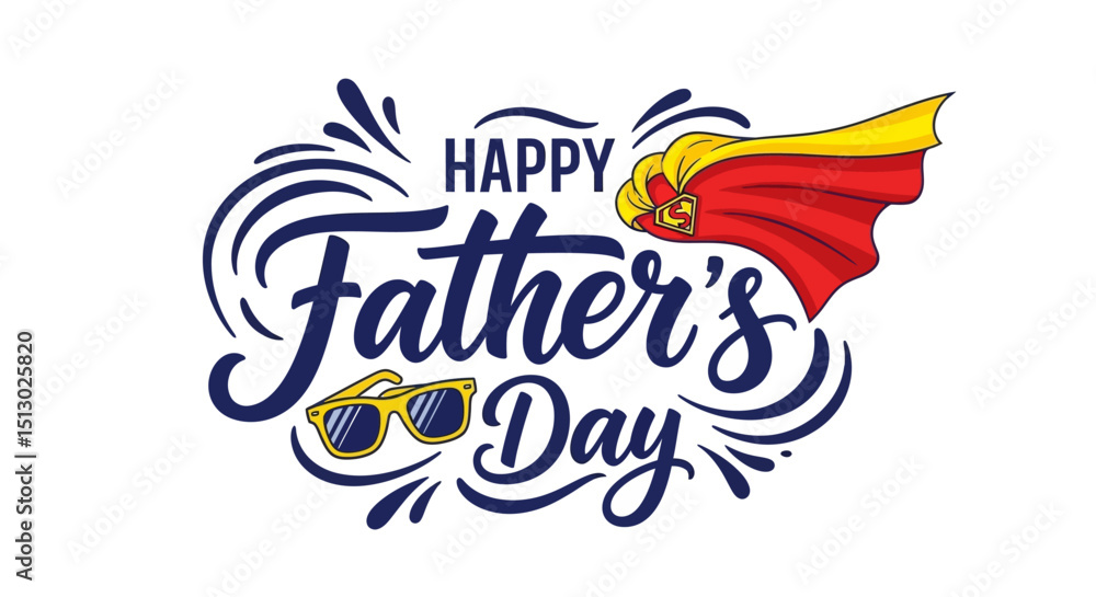 Obraz premium happy fathers day greeting card with superhero cape and sunglasses celebrating fatherhood