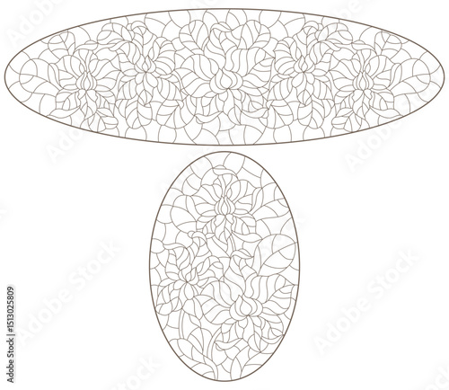A set of contour illustrations in the style of stained glass with orchid flowers , dark contours on a white background