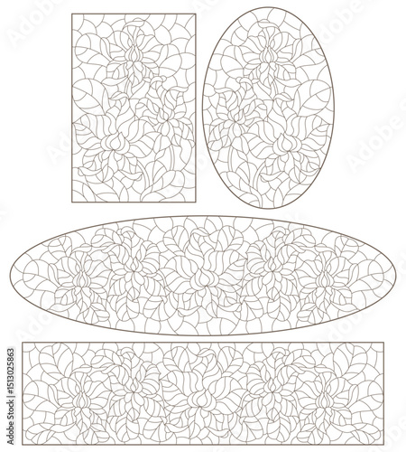 A set of contour illustrations in the style of stained glass with orchid flowers , dark contours on a white background