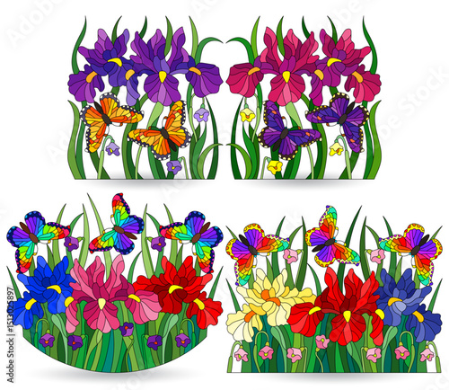 A set of stained glass illustrations with iris flowers and butterflies, compositions isolated on a white background