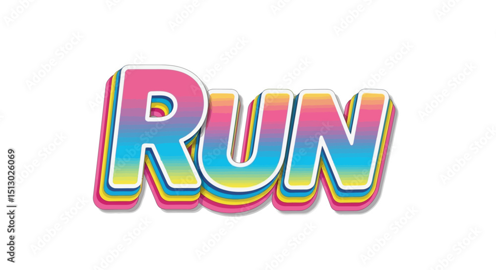 Colorful retro 3d text effect with layered vibrant colors spelling the word run Colorful retro 3d text effect with layered vibrant colors spelling the word run