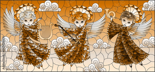 An illustration in the style of a stained glass window with angels with musical instruments on a cloudy sky background, tone brown