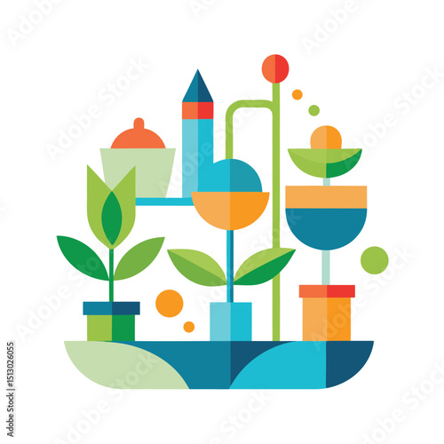 Colorful geometric floral arrangement depicting modern botanical elements with vibrant shades and shapes