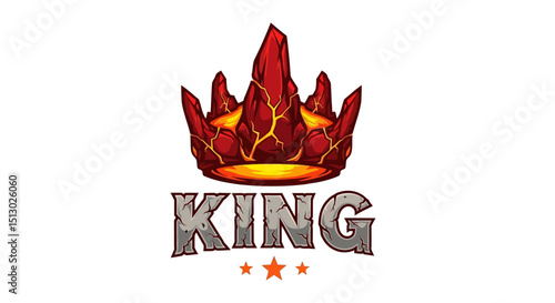 Fiery volcanic crown with glowing molten lava and bold king text emblem design