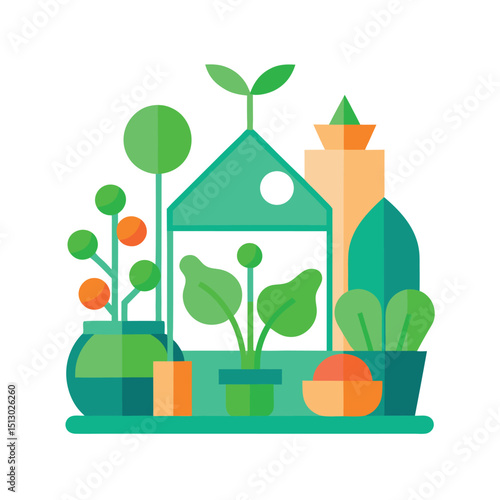 Colorful modern illustrated garden scene with potted plants and abstract architectural shapes.