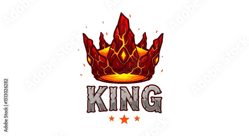 Fiery molten lava crown symbol with the word king and three stars beneath emphasizing power and royalty