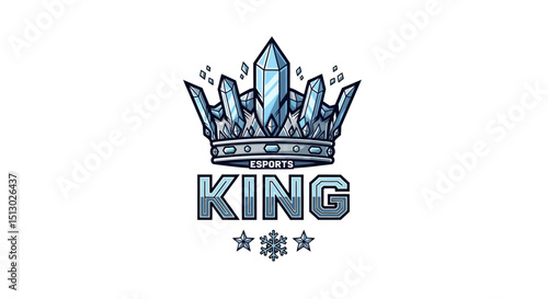 esports king logo with icy crystal crown and bold stylized lettering in blue and gray tones