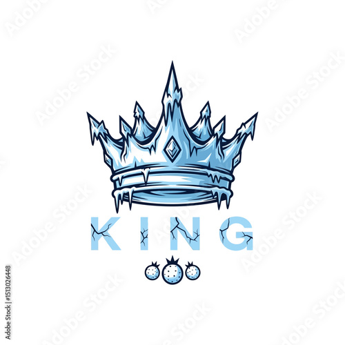 Illustration of an icy blue crown with the word king beneath featuring frozen icicles and frost details