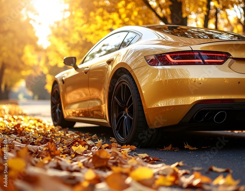 Golden car in autumn leaves