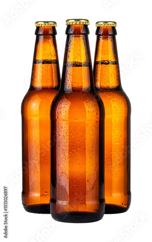 Three Amber Beer Bottles with Condensation