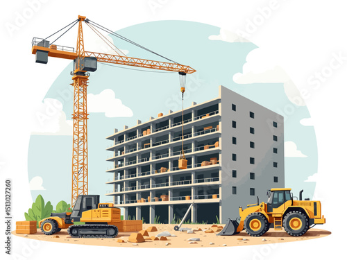 Construction of building crane with bulldozer, Machinery working in area