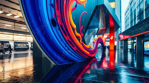 A large, abstract, colorful mural with swirling lines and dripping paint in blue, orange, red and yellow, with a wet, reflective surface