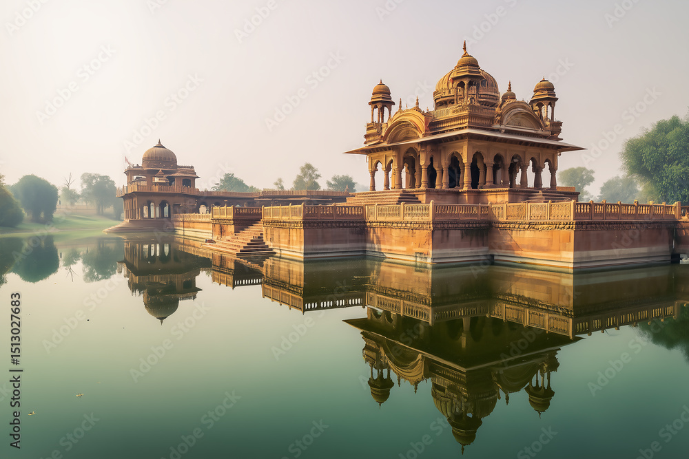 Fototapeta premium Royal Reflections: A majestic historic palace stands serenely reflected in the calm waters of a lake, its intricate architectural details.