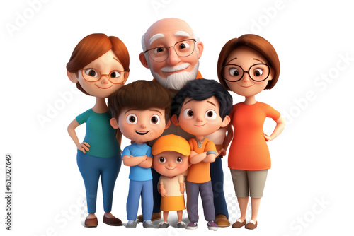 Adorable Cartoon Family Portrait: Grandparents, Parents, and Children