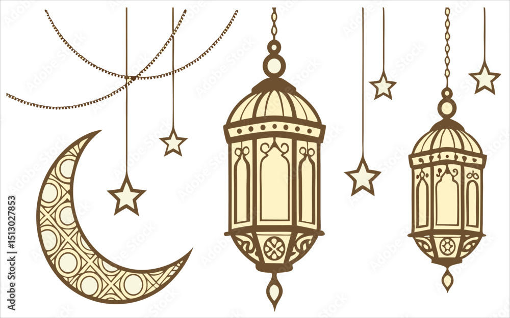 Fototapeta premium Hanging ramadan lanterns, crescent moon, and stars for islamic decorations