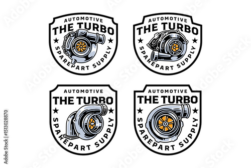 auto turbo charger air pressure to engine piston part badge logo vector design set for sport, automotive, garage, workshop, spare part, industry. car turbo charger illustration emblem logo designs.